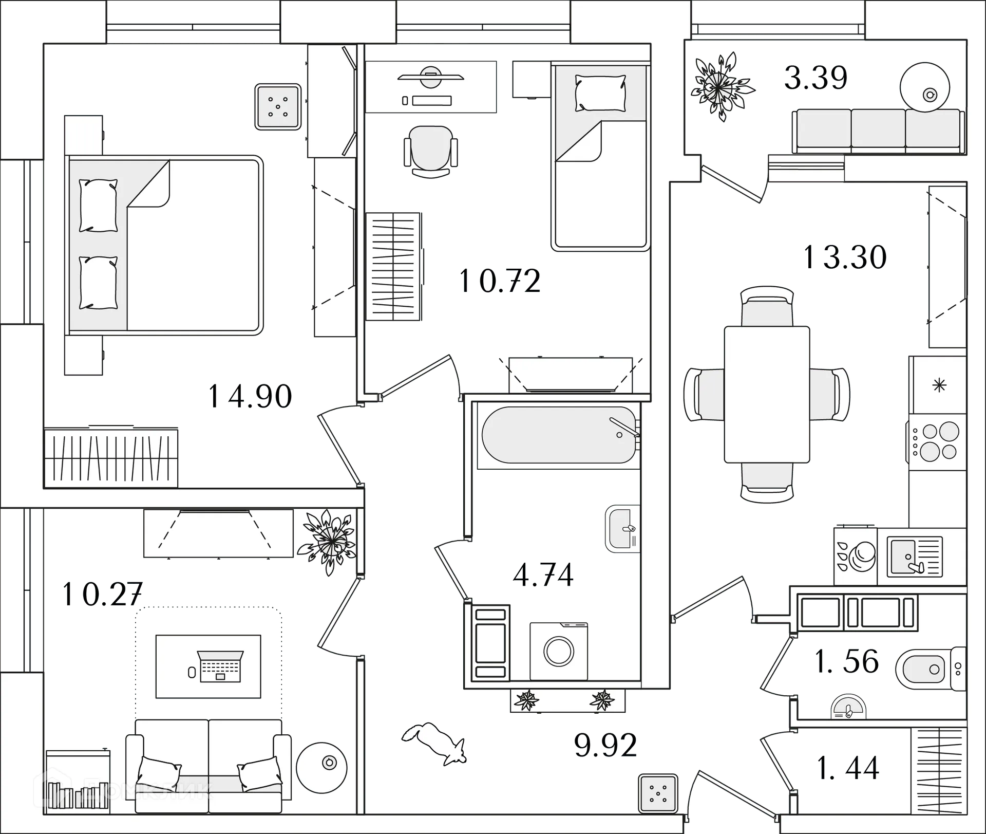 Планировка 3-комнатной квартиры 68.2 м² в ЖК БелАрт, г. Санкт-Петербург — фото 1