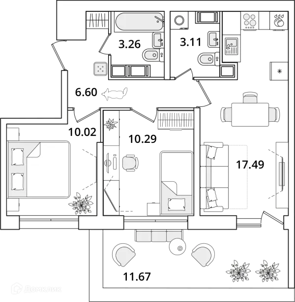 Планировка 2 комн. в ЖК БелАрт