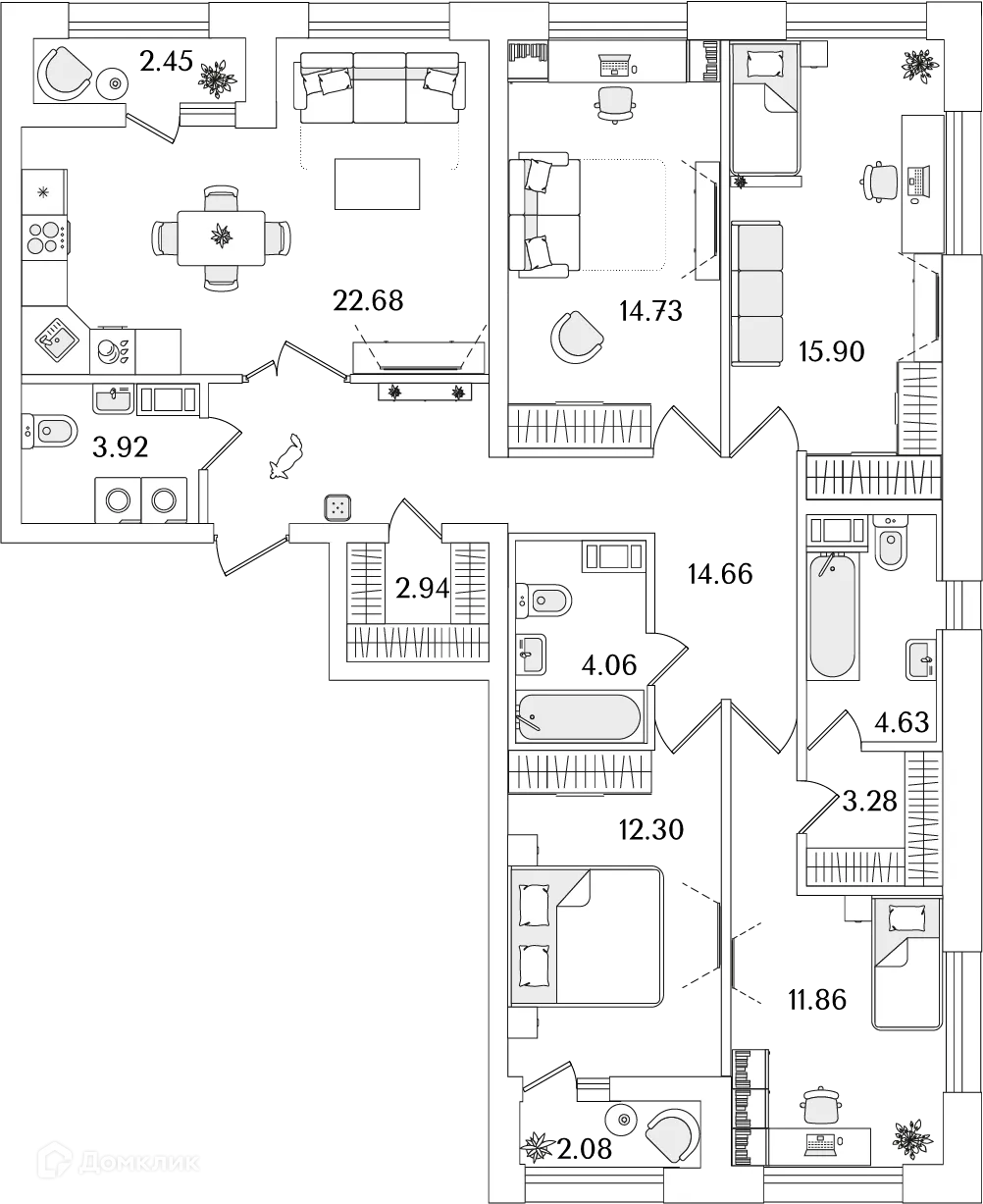 Планировка 4-комнатной квартиры 113.1 м² в ЖК БелАрт, г. Санкт-Петербург — фото 1