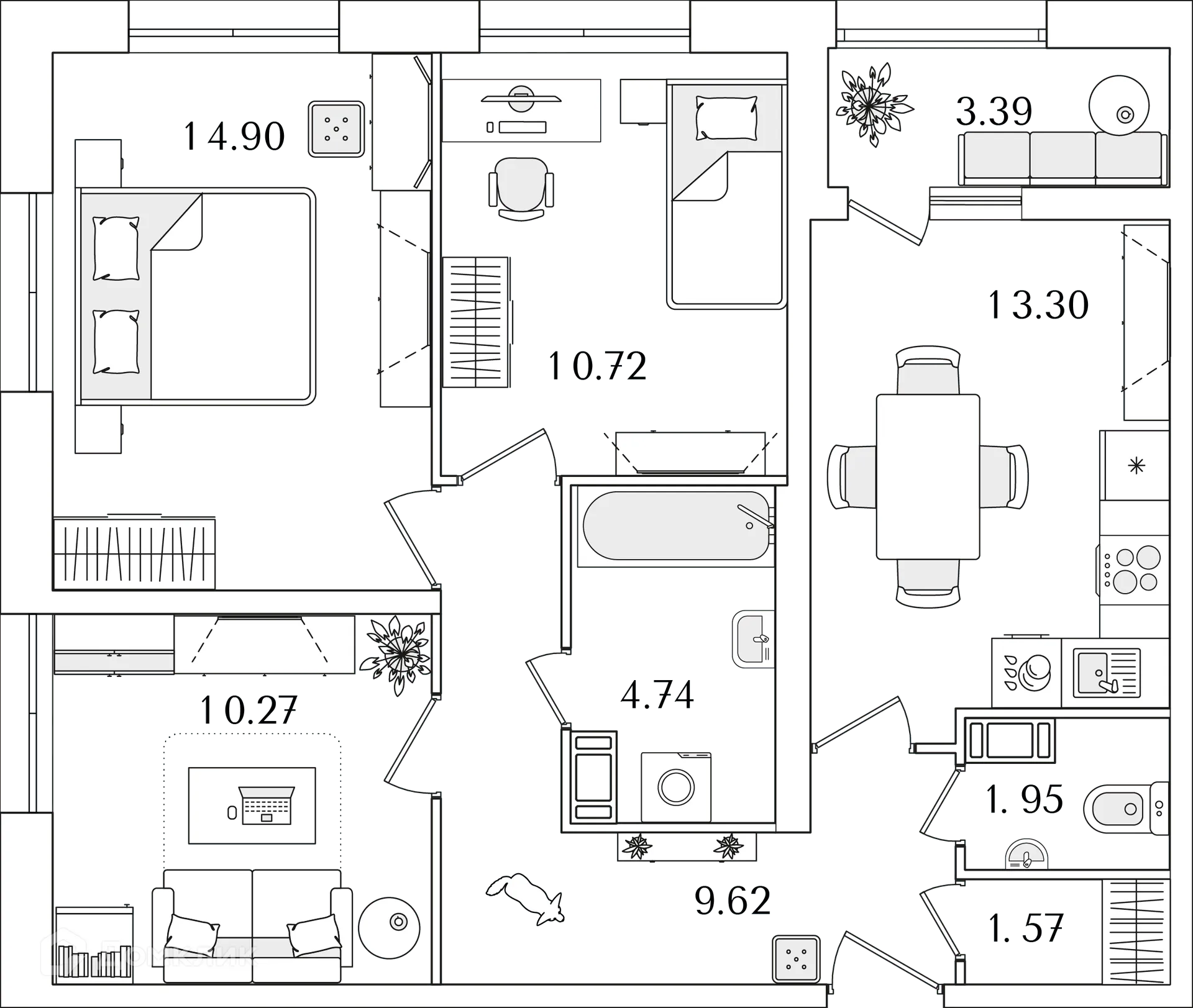 Планировка 3-комнатной квартиры 68.9 м² в ЖК БелАрт, г. Санкт-Петербург — фото 1