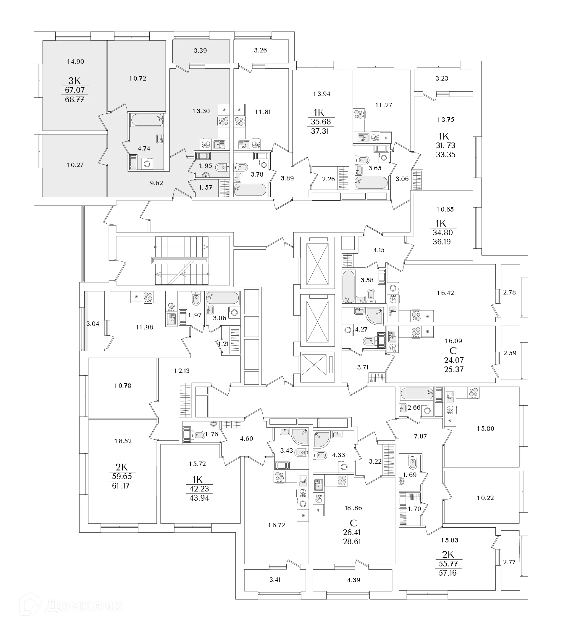 Планировка 3-комнатной квартиры 68.9 м² в ЖК БелАрт, г. Санкт-Петербург — фото 2