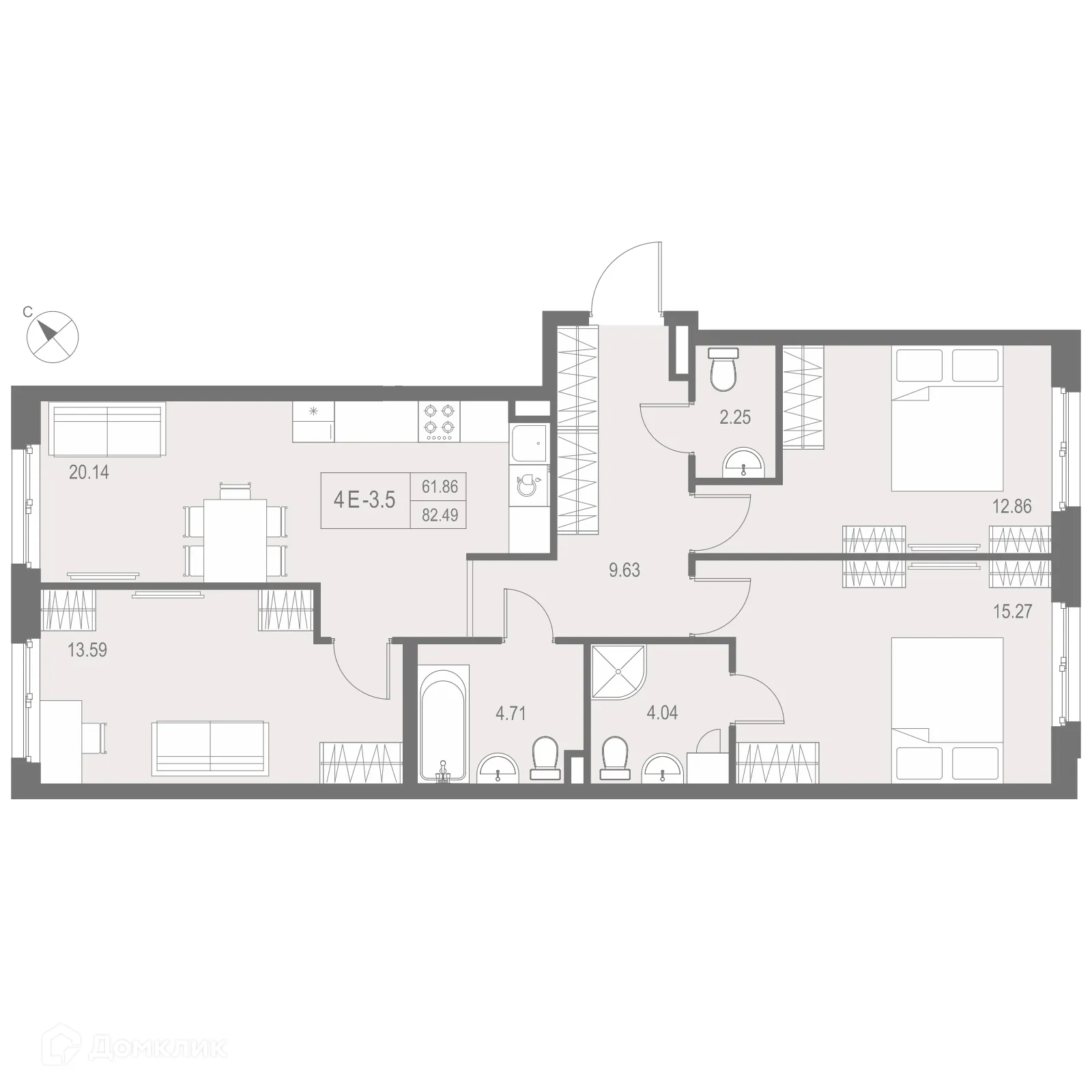 Планировка 3-комнатной квартиры 82.49 м² в ЖК "ZOOM на Неве", г. Санкт-Петербург — фото 2