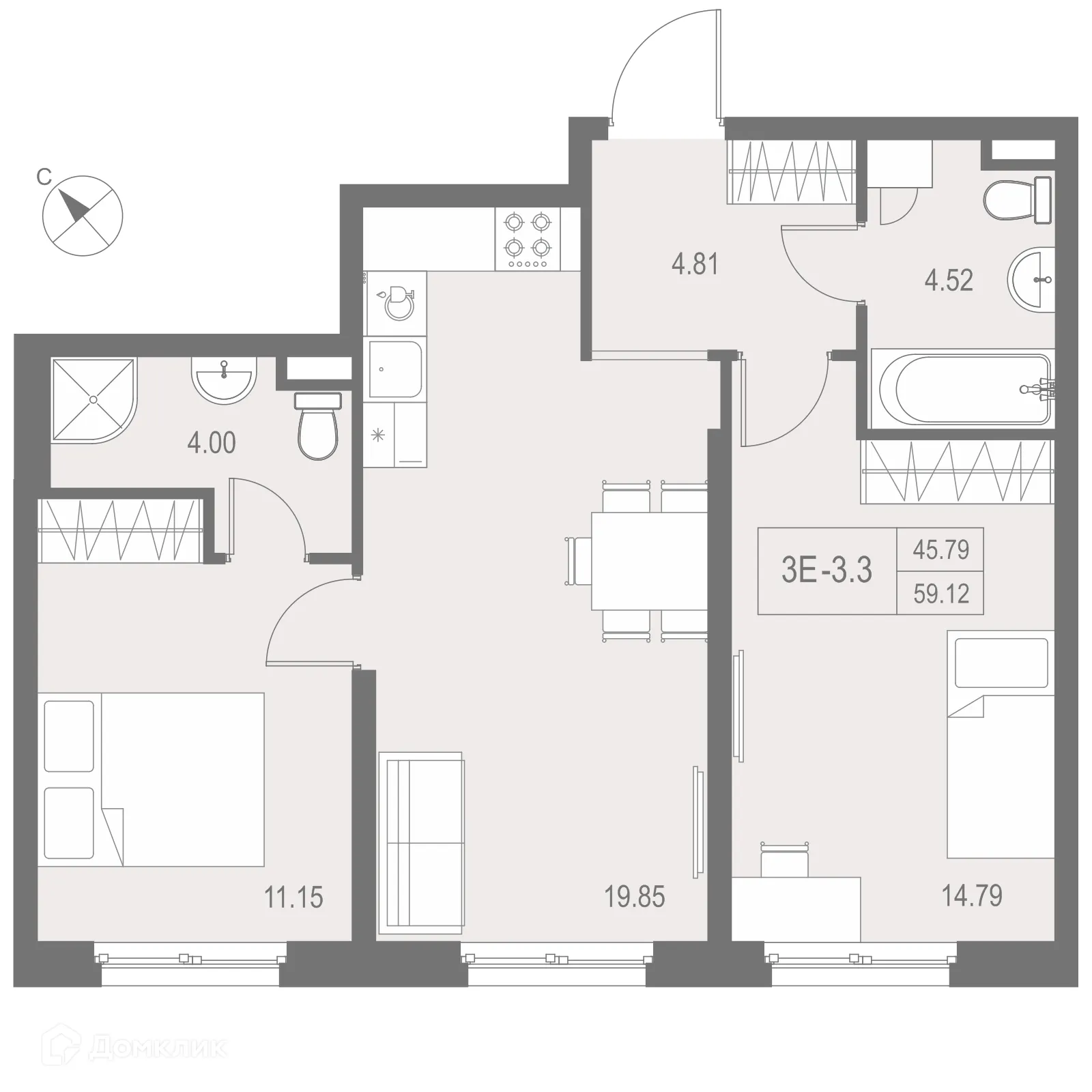 Планировка 2-комнатной квартиры 59.12 м² в ЖК "ZOOM на Неве", г. Санкт-Петербург — фото 2