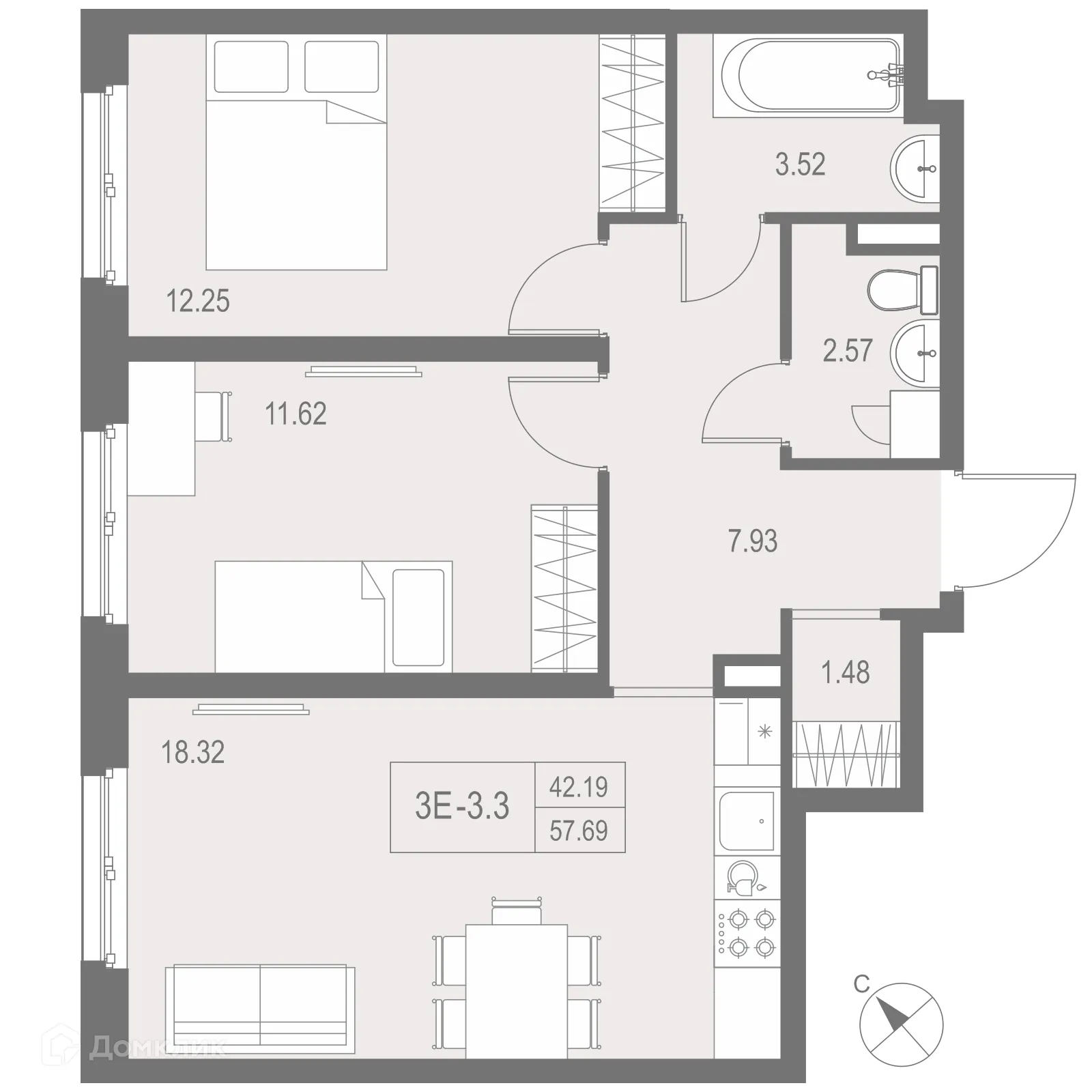 Планировка 2-комнатной квартиры 57.69 м² в ЖК "ZOOM на Неве", г. Санкт-Петербург — фото 1