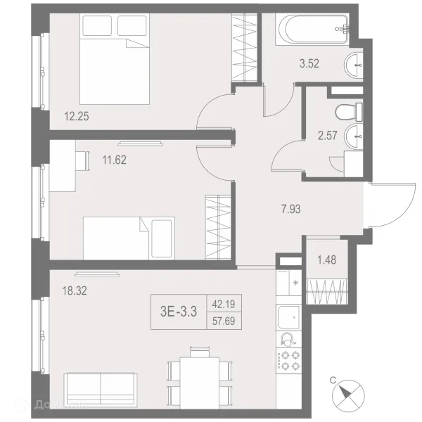 Планировка 2 комн. в ЖК "ZOOM на Неве"