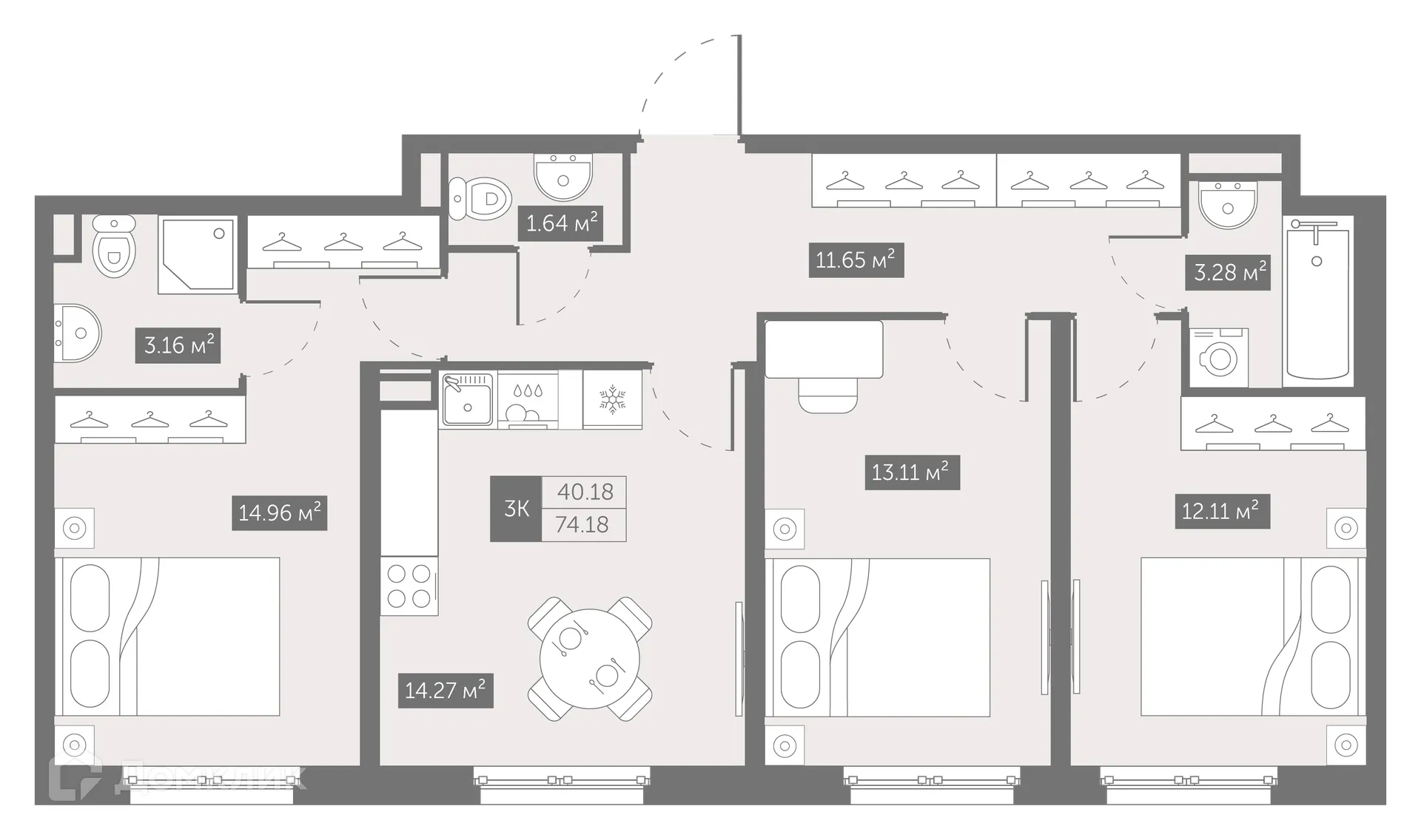 Планировка 3-комнатной квартиры 74.18 м² в ЖК "ZOOM на Неве", г. Санкт-Петербург — фото 1