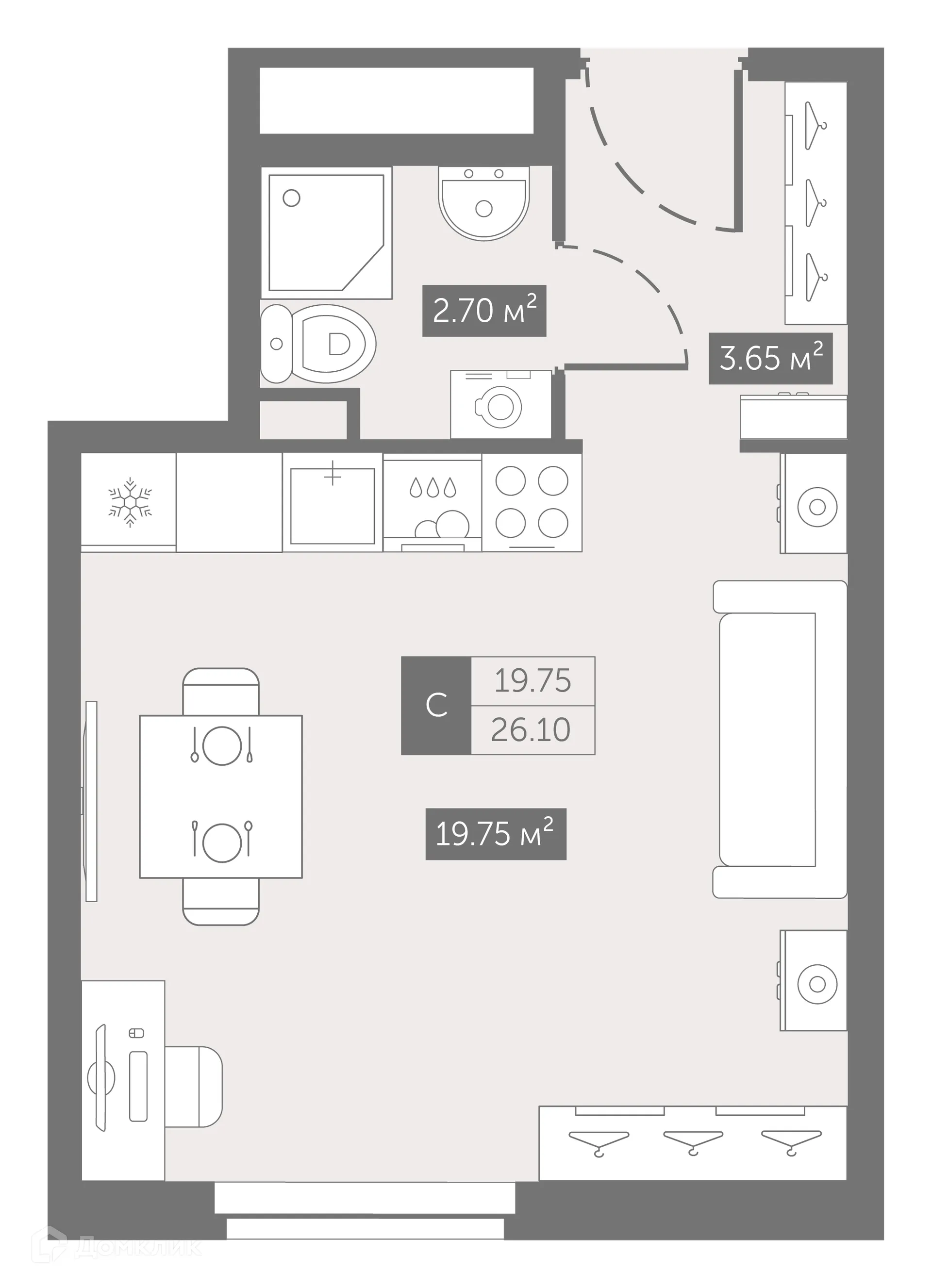 Планировка студии квартиры 26.5 м² в ЖК "ZOOM на Неве", г. Санкт-Петербург — фото 2