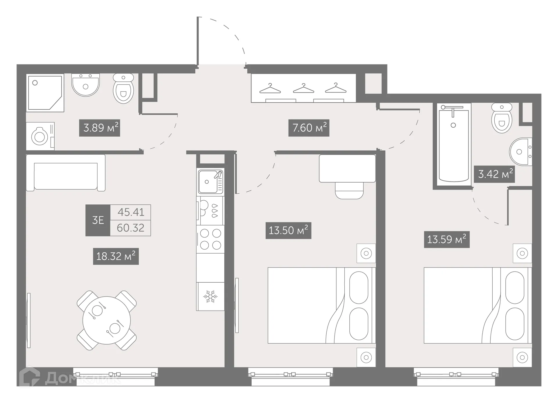 Планировка 2-комнатной квартиры 60.32 м² в ЖК "ZOOM на Неве", г. Санкт-Петербург — фото 1