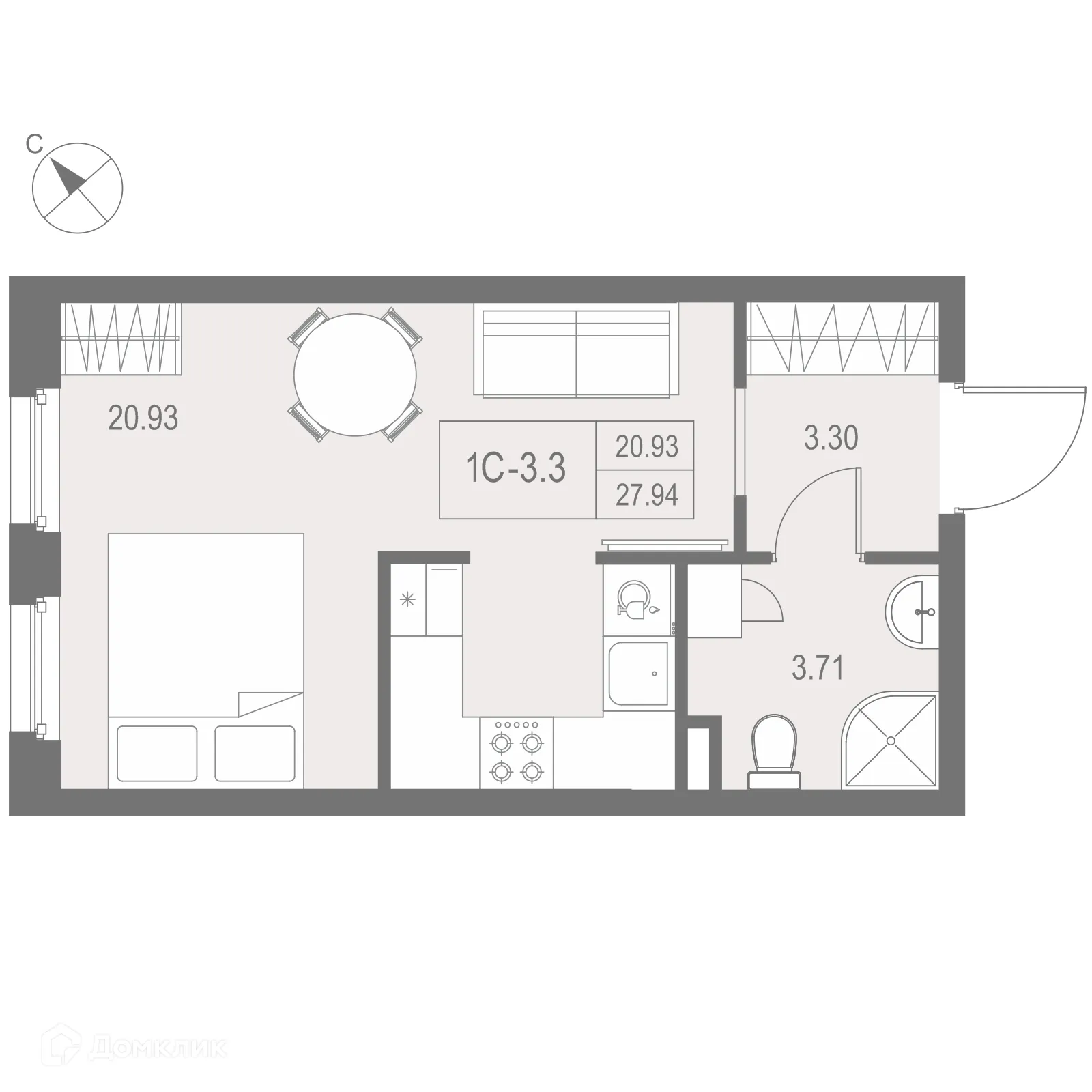 Планировка студии квартиры 27.94 м² в ЖК "ZOOM на Неве", г. Санкт-Петербург — фото 1