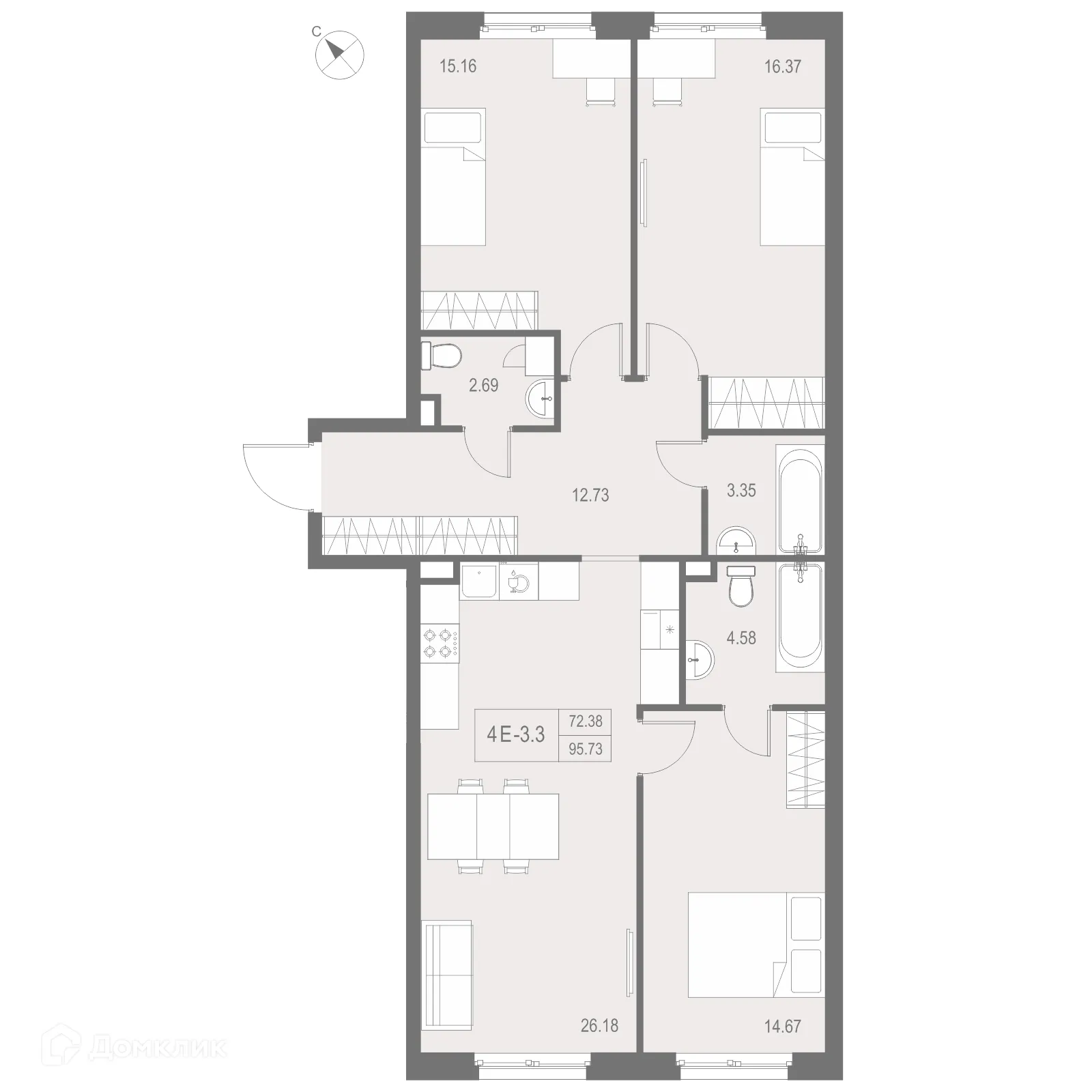 Планировка 3-комнатной квартиры 95.73 м² в ЖК "ZOOM на Неве", г. Санкт-Петербург — фото 2