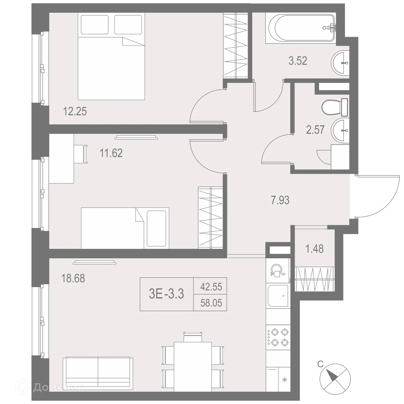 Планировка 2-комнатной квартиры 58.05 м² в ЖК "ZOOM на Неве", г. Санкт-Петербург — фото 2