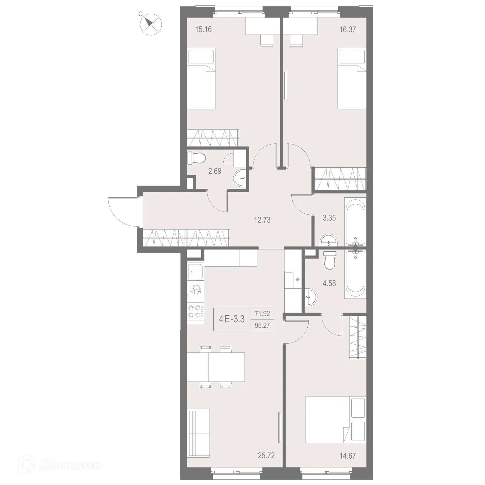 Планировка 3-комнатной квартиры 95.27 м² в ЖК "ZOOM на Неве", г. Санкт-Петербург — фото 1