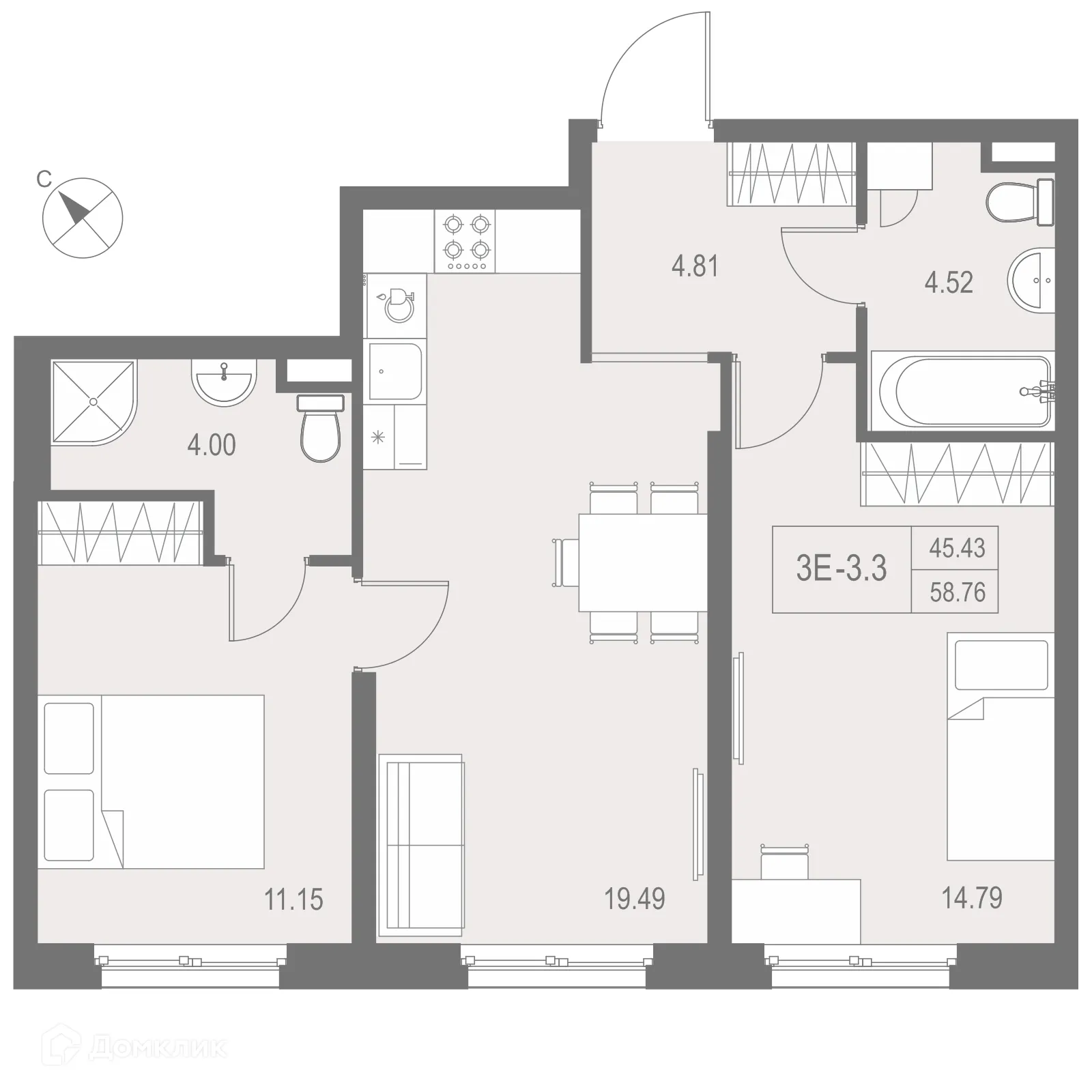 Планировка 2-комнатной квартиры 58.76 м² в ЖК "ZOOM на Неве", г. Санкт-Петербург — фото 2