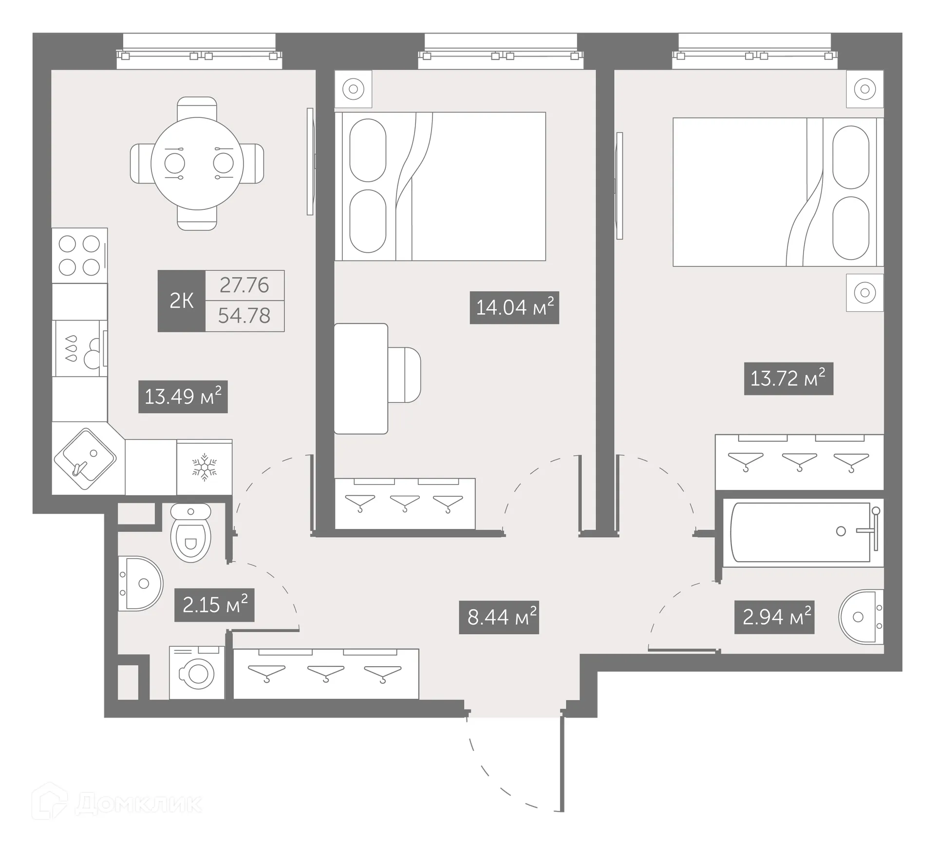 Планировка 2-комнатной квартиры 54.78 м² в ЖК "ZOOM на Неве", г. Санкт-Петербург — фото 2