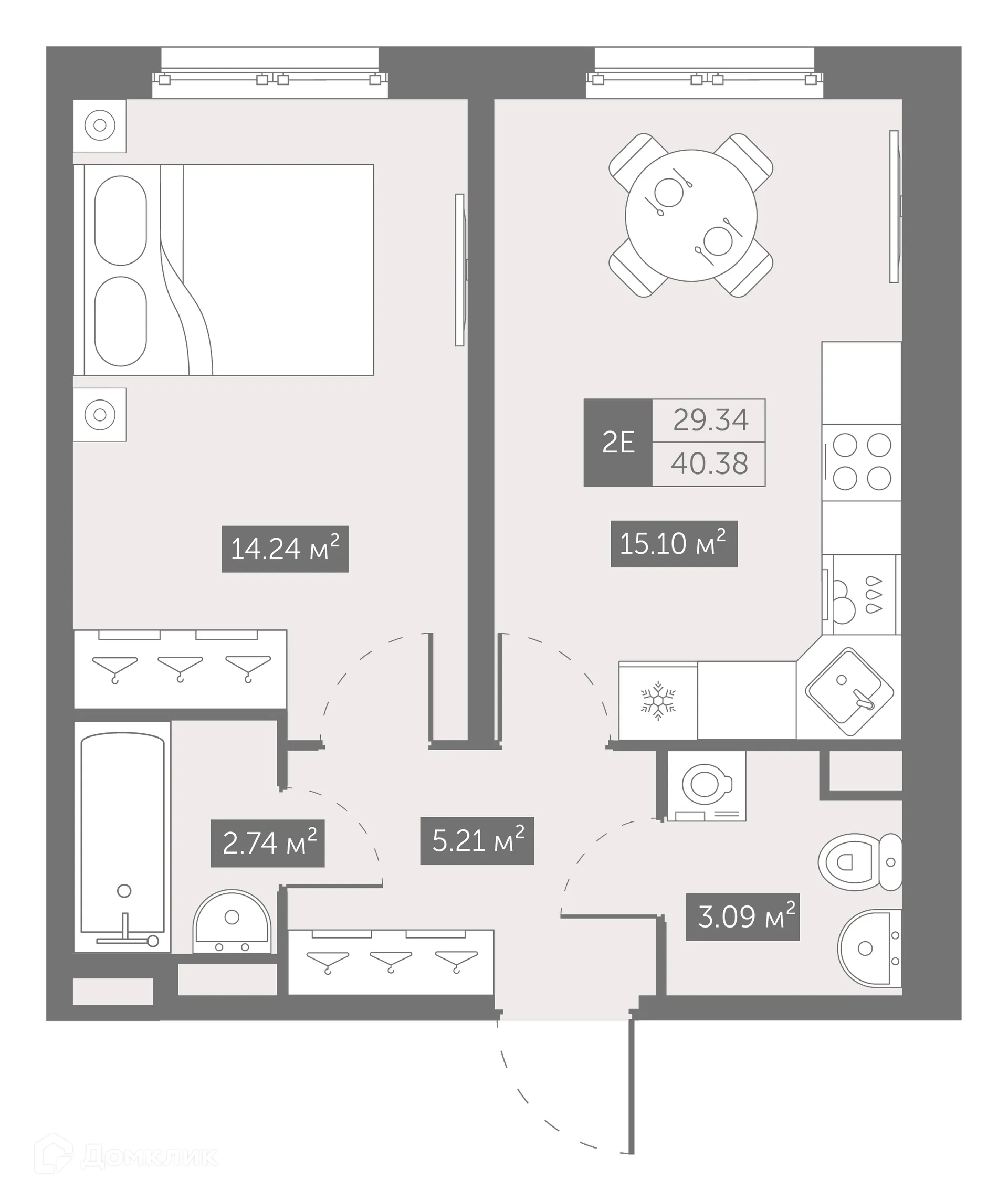 Планировка 1-комнатной квартиры 40.38 м² в ЖК "ZOOM на Неве", г. Санкт-Петербург — фото 2