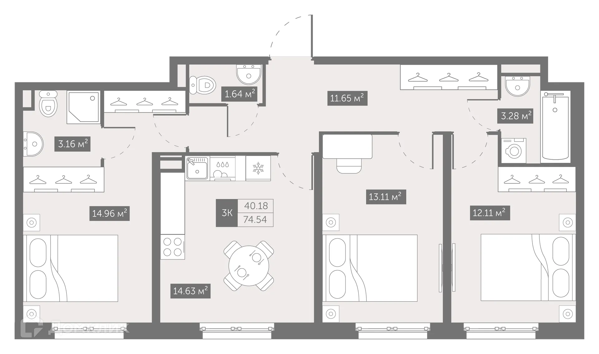 Планировка 3-комнатной квартиры 74.54 м² в ЖК "ZOOM на Неве", г. Санкт-Петербург — фото 2