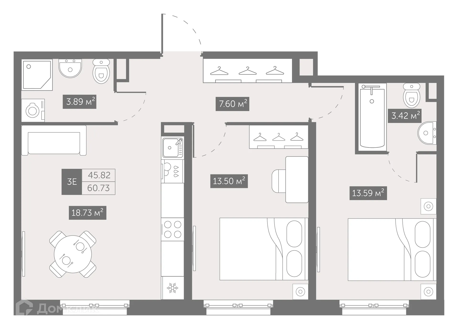 Планировка 2-комнатной квартиры 60.73 м² в ЖК "ZOOM на Неве", г. Санкт-Петербург — фото 2