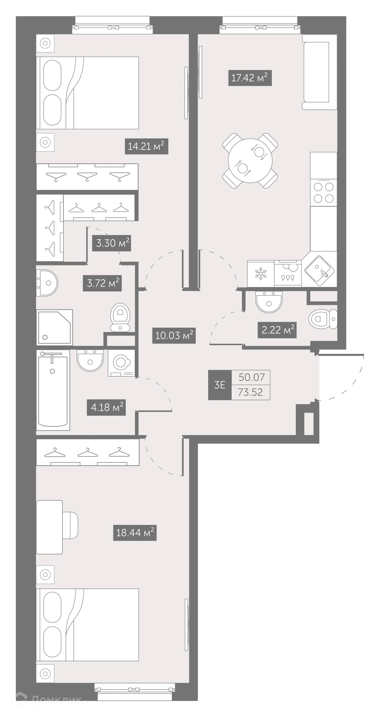 Планировка 2-комнатной квартиры 73.52 м² в ЖК "ZOOM на Неве", г. Санкт-Петербург — фото 2