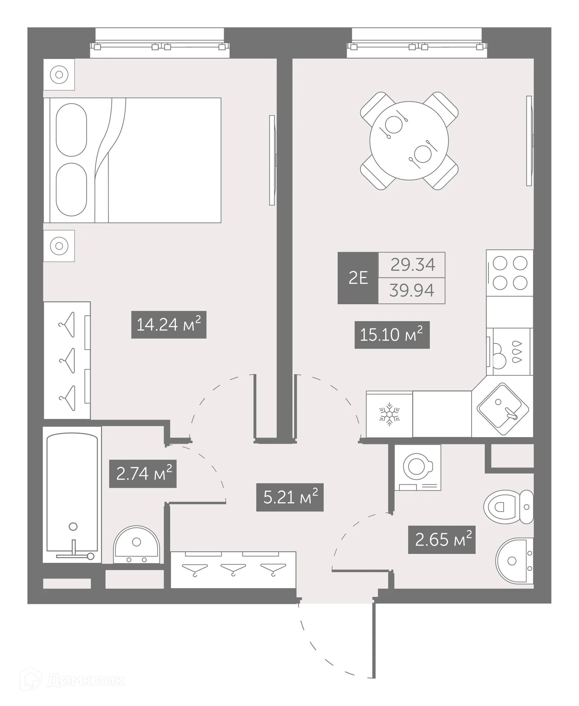 Планировка 1-комнатной квартиры 39.94 м² в ЖК "ZOOM на Неве", г. Санкт-Петербург — фото 1
