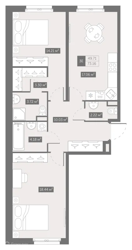 Планировка 2 комн. в ЖК "ZOOM на Неве"