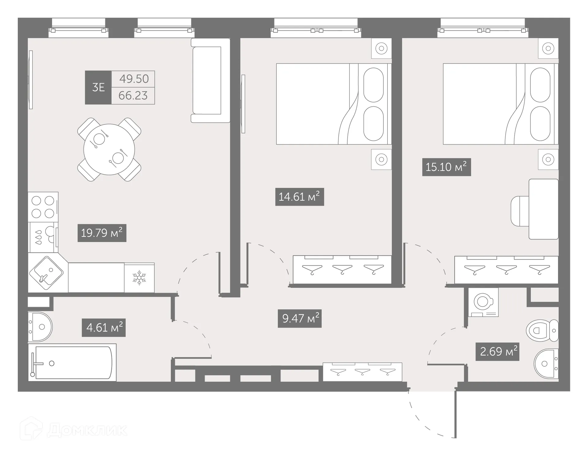Планировка 2-комнатной квартиры 66.23 м² в ЖК "ZOOM на Неве", г. Санкт-Петербург — фото 1