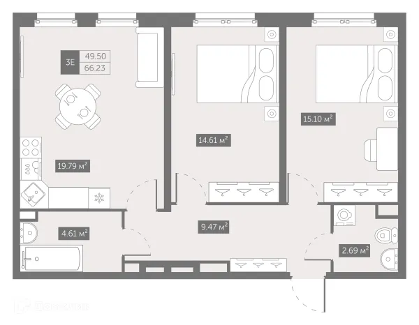 Планировка 2 комн. в ЖК "ZOOM на Неве"