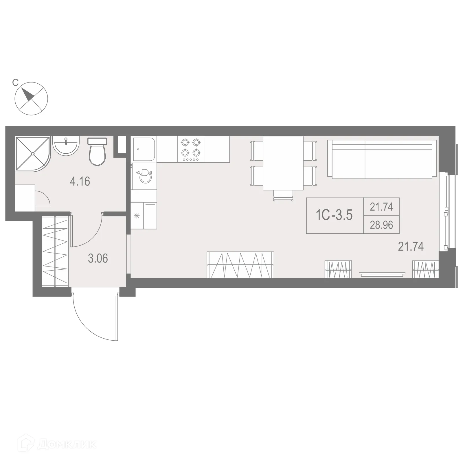Планировка студии квартиры 28.96 м² в ЖК "ZOOM на Неве", г. Санкт-Петербург — фото 1