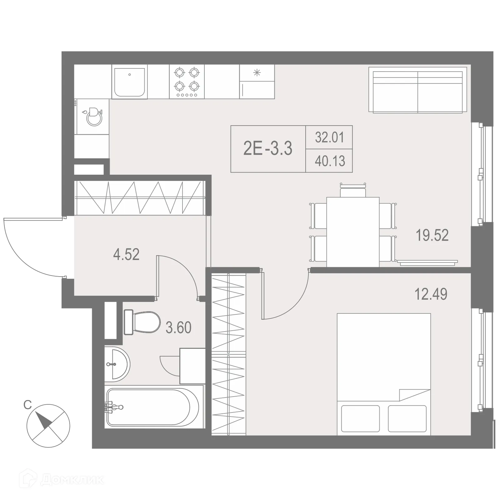 Планировка 1-комнатной квартиры 40.13 м² в ЖК "ZOOM на Неве", г. Санкт-Петербург — фото 1
