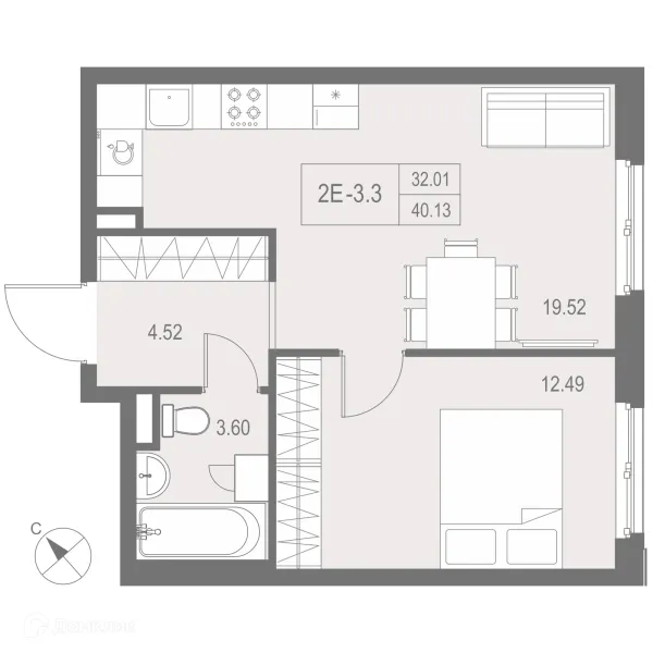 Планировка 1 комн. в ЖК "ZOOM на Неве"