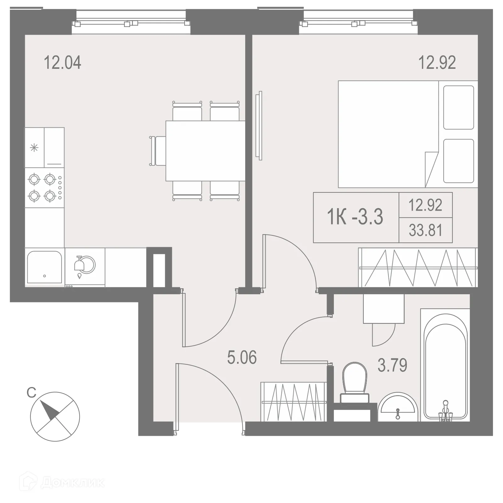 Планировка 1-комнатной квартиры 33.81 м² в ЖК "ZOOM на Неве", г. Санкт-Петербург — фото 1