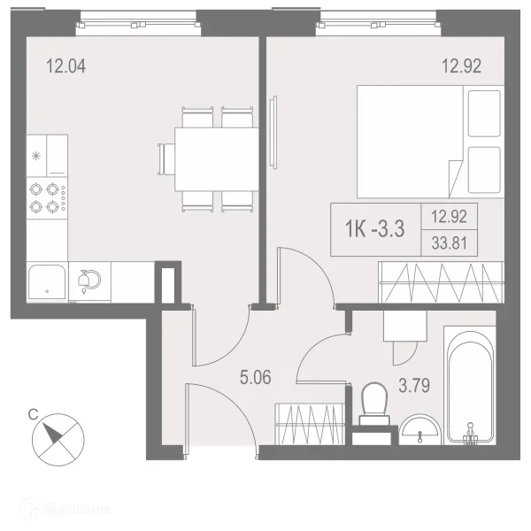 Планировка 1 комн. в ЖК "ZOOM на Неве"