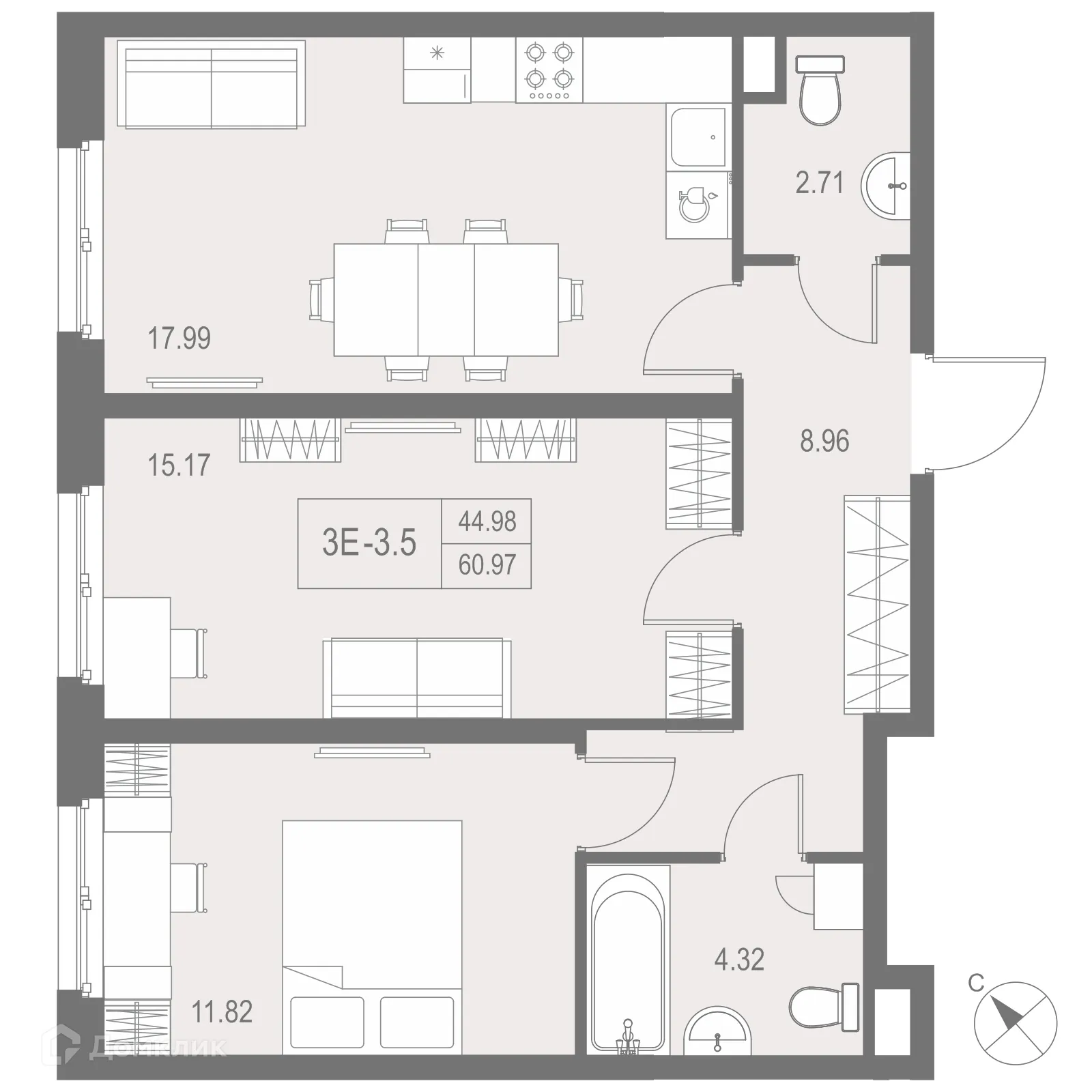 Планировка 2-комнатной квартиры 60.97 м² в ЖК "ZOOM на Неве", г. Санкт-Петербург — фото 1