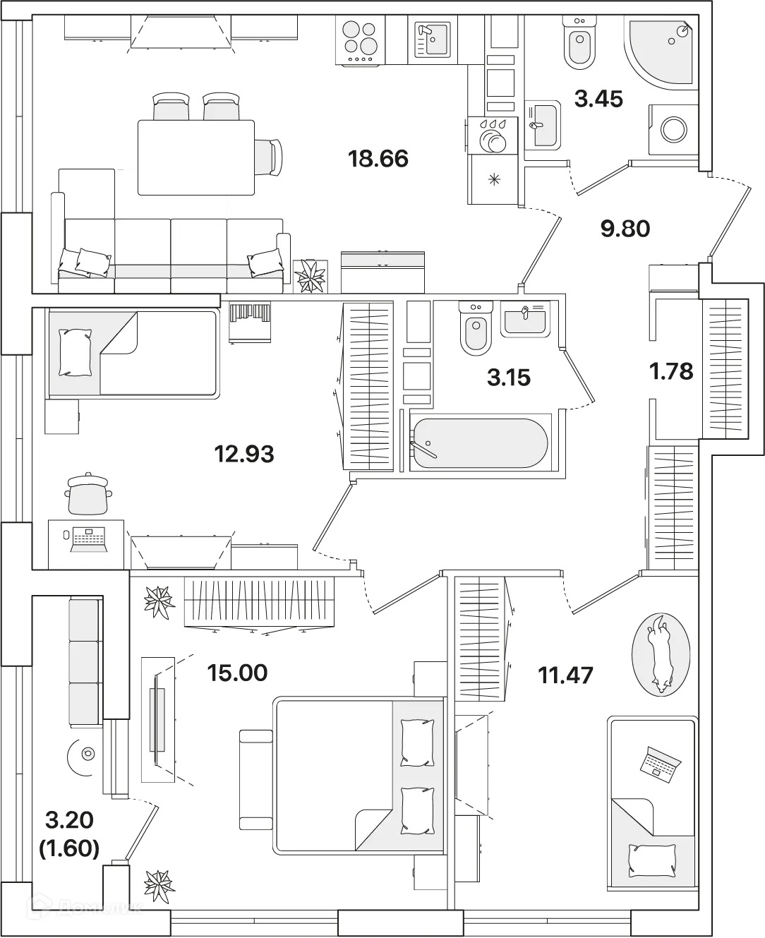 Планировка 3-комнатной квартиры 77.5 м² в ЖК Академик, г. Санкт-Петербург — фото 1