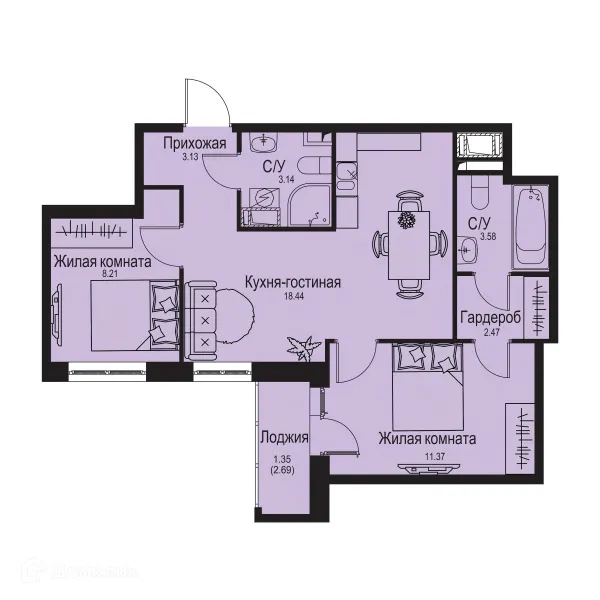Планировка 2 комн. в ЖК ID Kudrovo II (Айди Кудрово II)