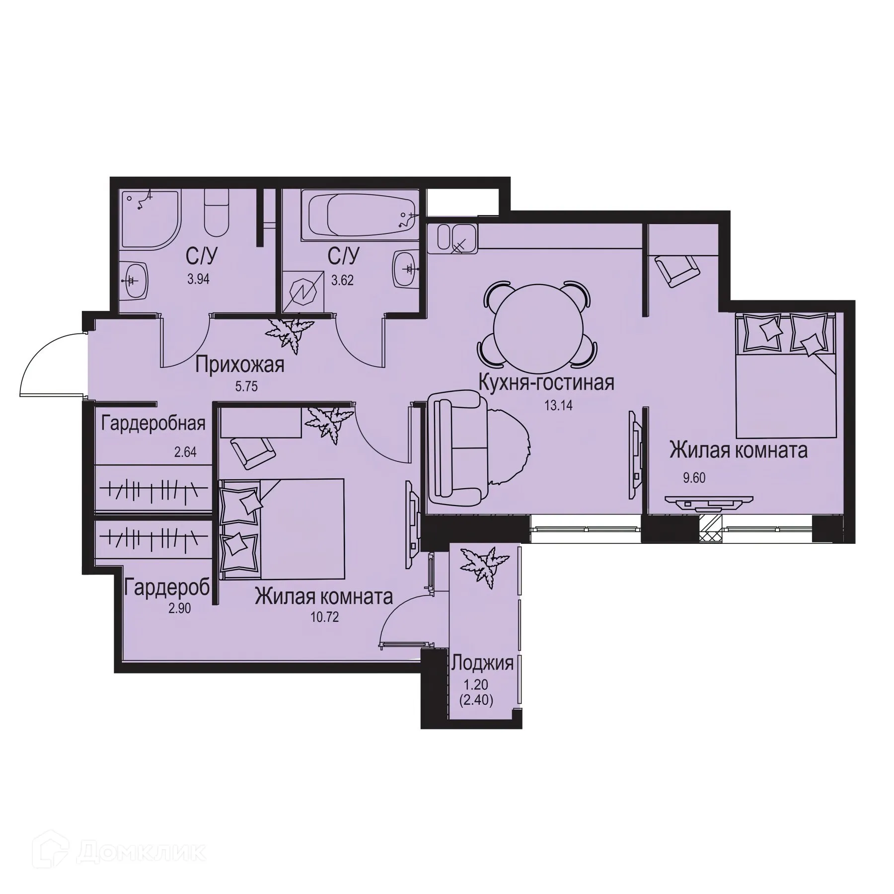Планировка 2-комнатной квартиры 53.51 м² в ЖК ID Kudrovo II (Айди Кудрово II), г. Санкт-Петербург — фото 1