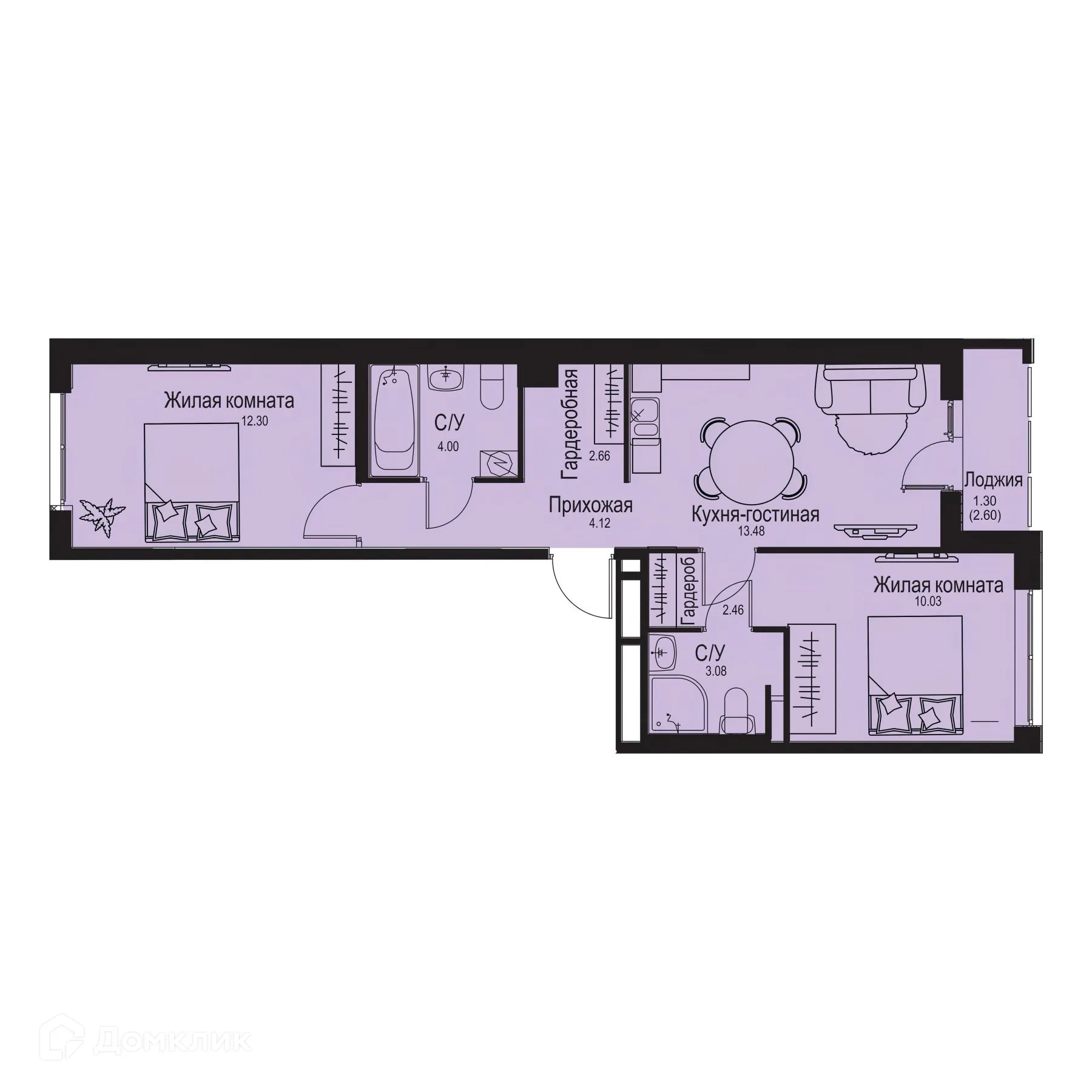 Планировка 2-комнатной квартиры 53.43 м² в ЖК ID Kudrovo II (Айди Кудрово II), г. Санкт-Петербург — фото 2