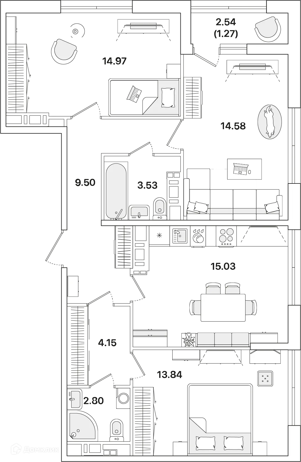 Планировка 3-комнатной квартиры 79.7 м² в ЖК Академик, г. Санкт-Петербург — фото 1