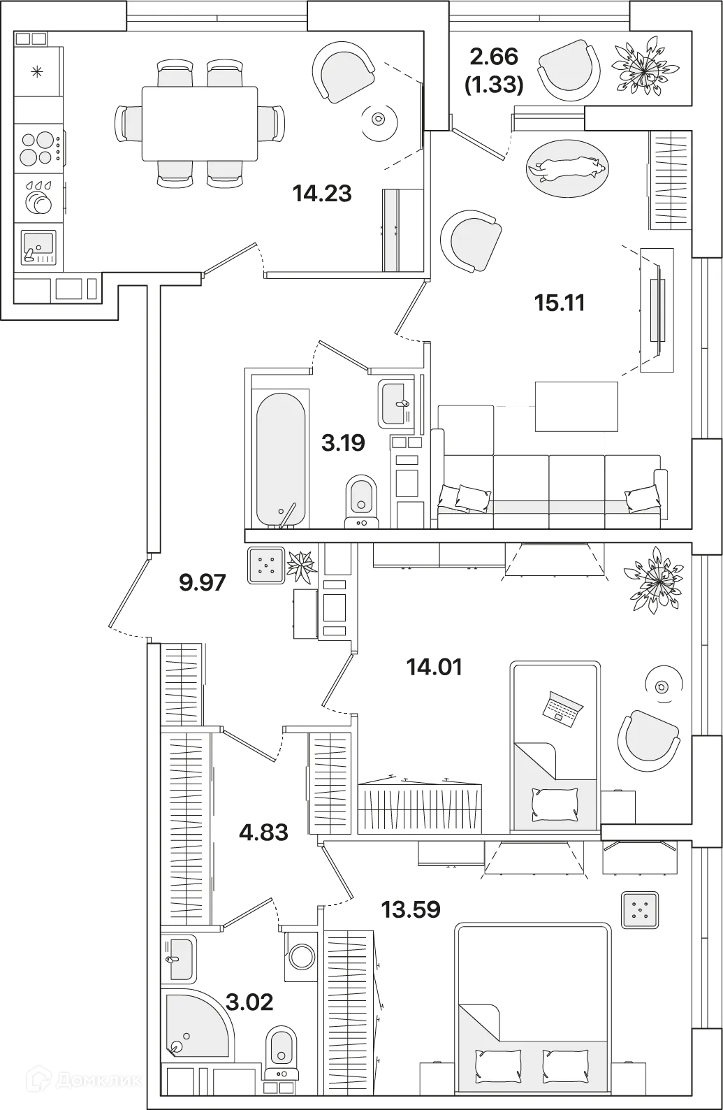 Планировка 3-комнатной квартиры 79.2 м² в ЖК Академик, г. Санкт-Петербург — фото 1
