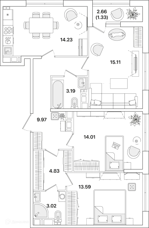 Планировка 3 комн. в ЖК Академик