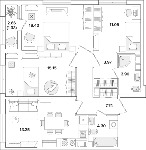 Планировка 3 комн. в ЖК Академик