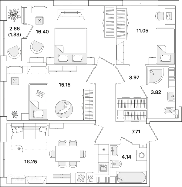 Планировка 3 комн. в ЖК Академик