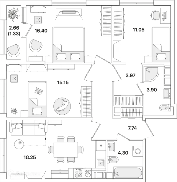 Планировка 3 комн. в ЖК Академик