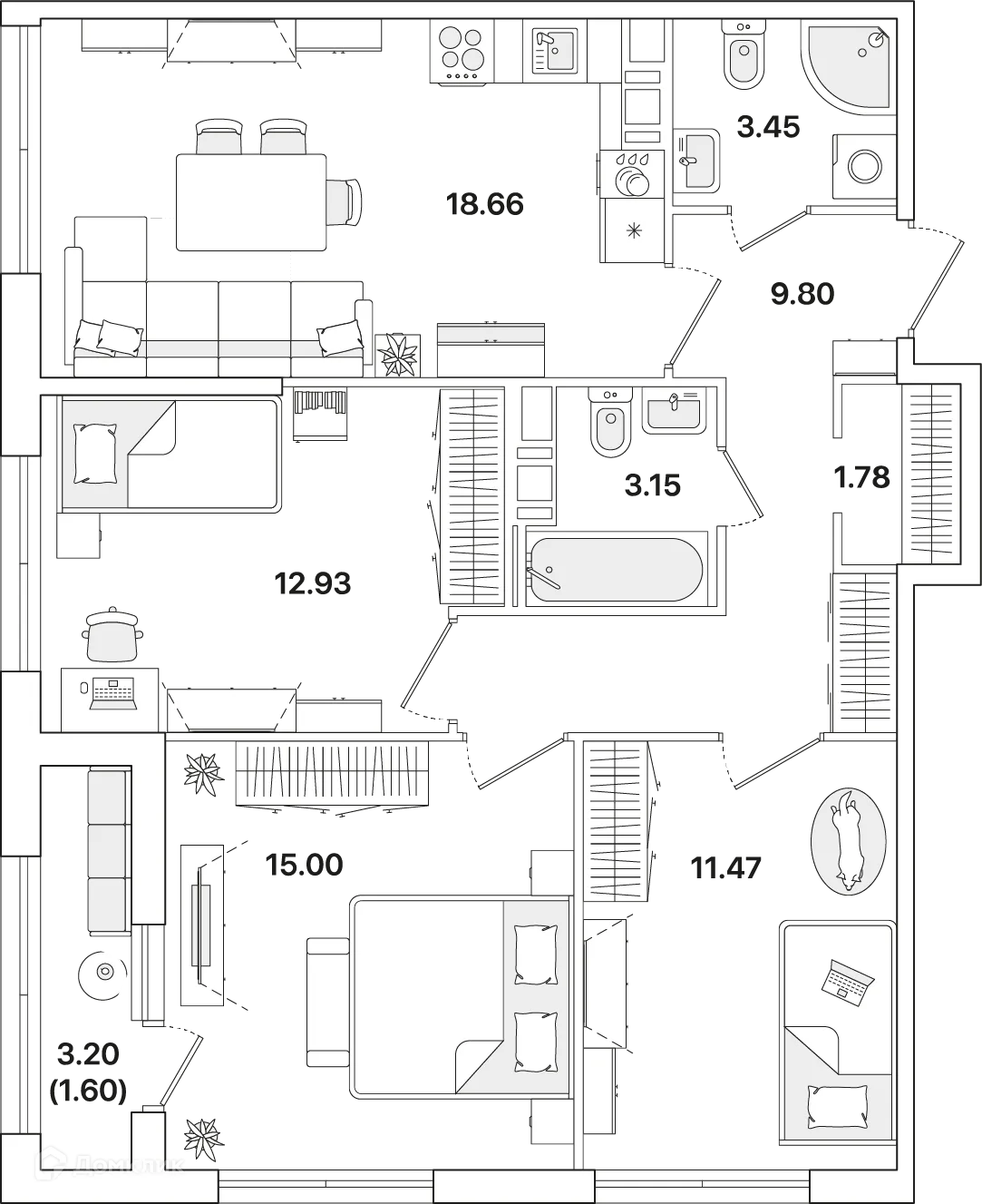 Планировка 3-комнатной квартиры 77.6 м² в ЖК Академик, г. Санкт-Петербург — фото 1