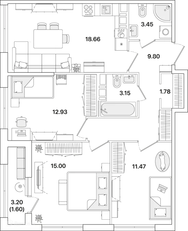 Планировка 3 комн. в ЖК Академик