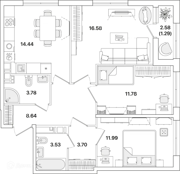 Планировка 3 комн. в ЖК Академик