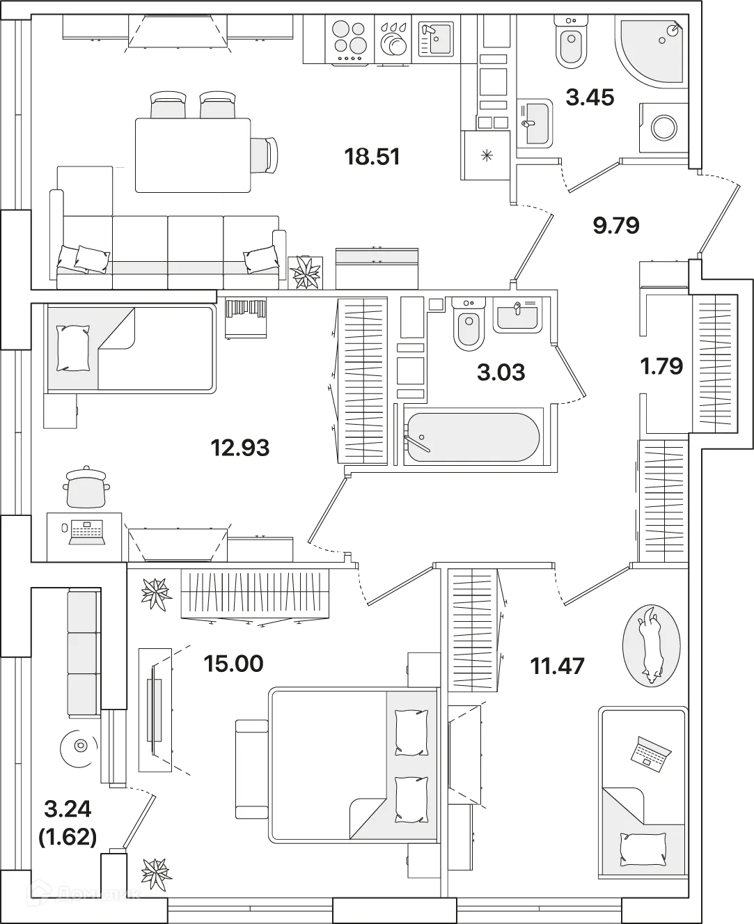 Планировка 3-комнатной квартиры 77.2 м² в ЖК Академик, г. Санкт-Петербург — фото 1