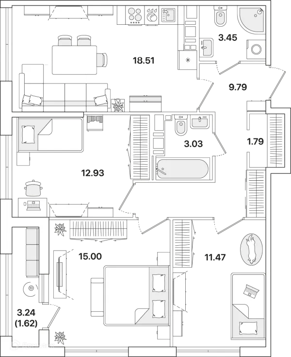 Планировка 3 комн. в ЖК Академик