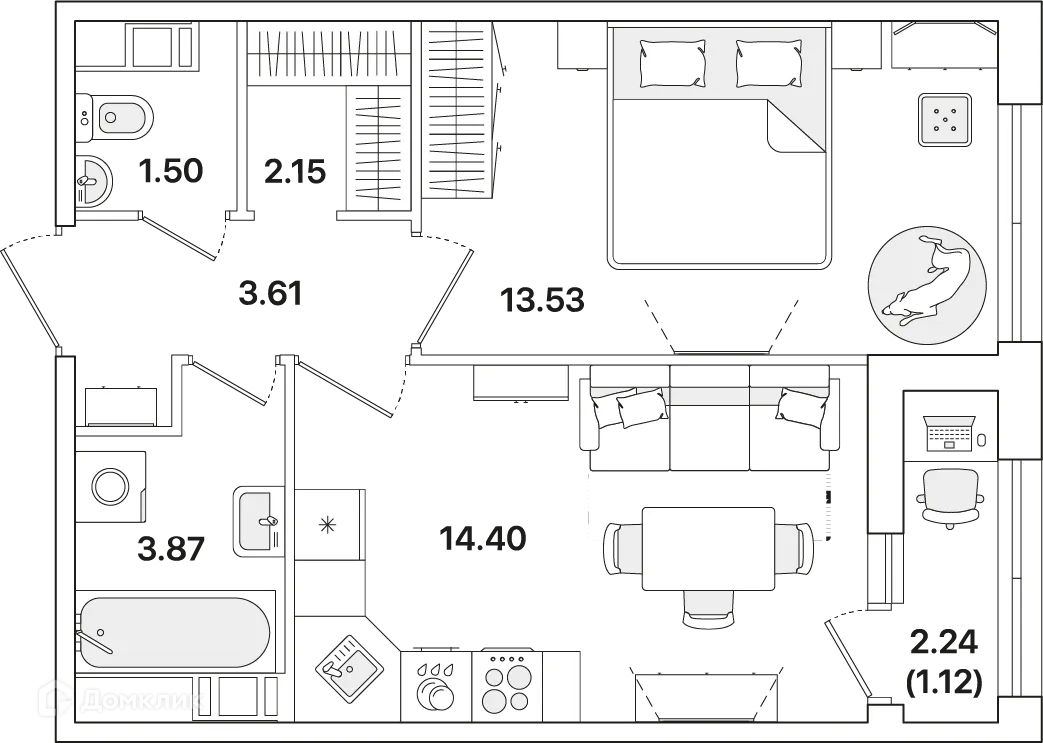 Планировка 1-комнатной квартиры 40.4 м² в ЖК Академик, г. Санкт-Петербург — фото 1