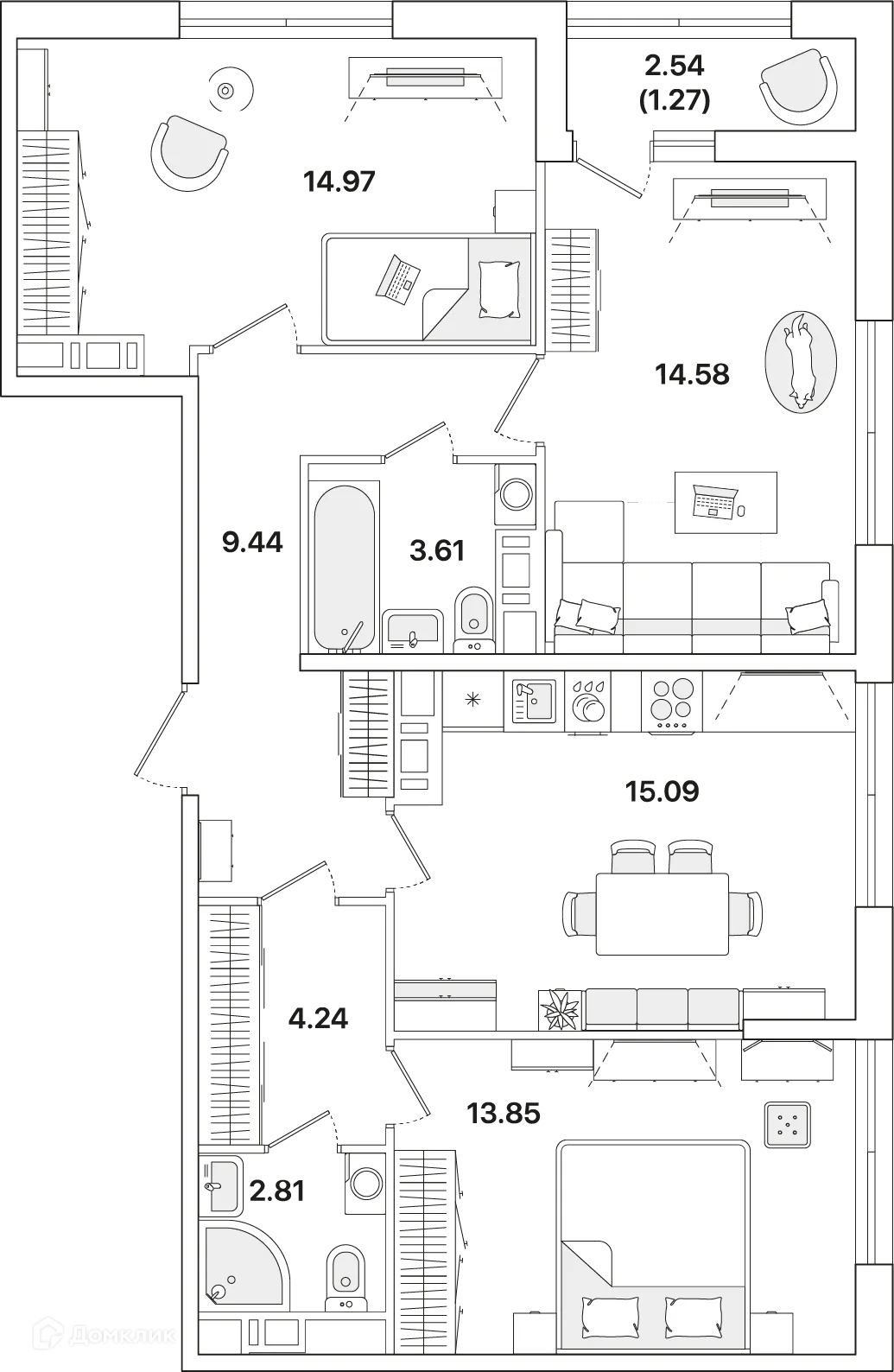 Планировка 3-комнатной квартиры 79.9 м² в ЖК Академик, г. Санкт-Петербург — фото 1