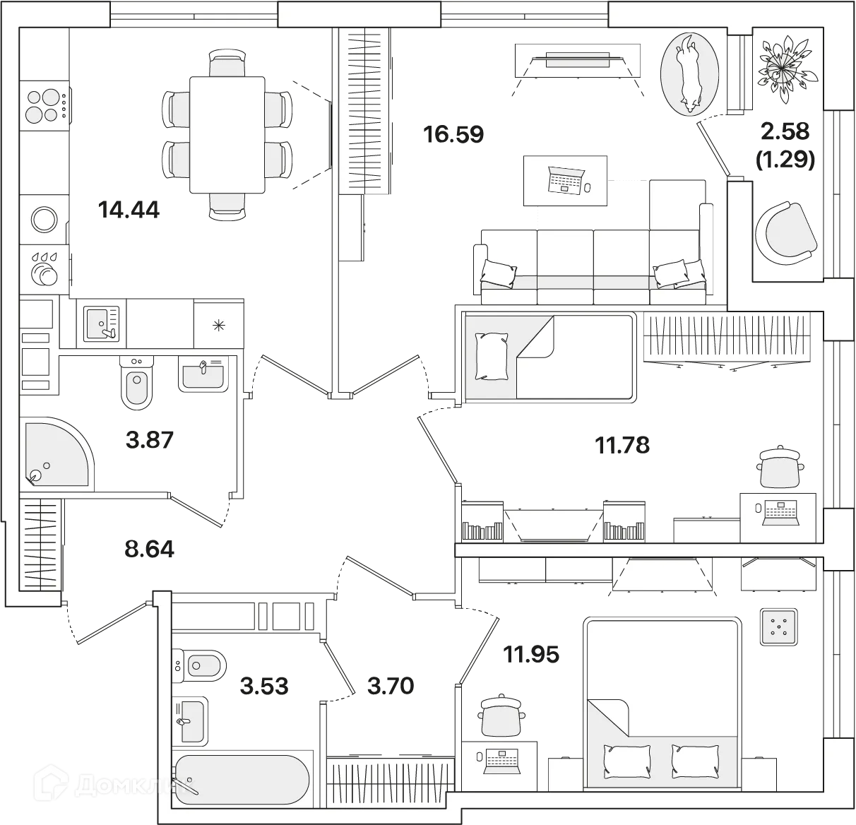 Планировка 3-комнатной квартиры 75.8 м² в ЖК Академик, г. Санкт-Петербург — фото 1